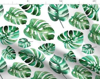 Tropical Leaves Fabric - 14" Kingman Drive By Shopcabin - Tropical Jungle Watercolor Green Leaves Cotton Fabric By The Yard With Spoonflower