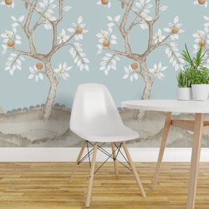 Large Scale Peel and Stick Wallpaper - Mural Botanical Light Blue Garden  - Removable Wall Decor Art - Chinoiserie Trees by danika_herrick