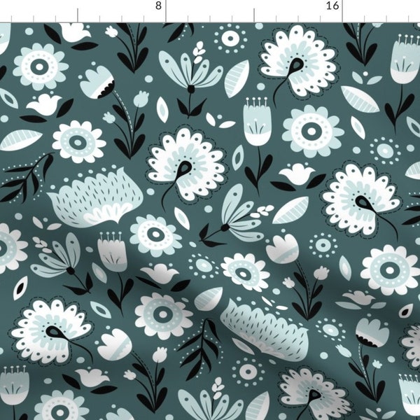 Green Folk Floral Teal Fabric - Folk Florals In Pine By Latheandquill - Folk Flowers Spring Cotton Fabric By The Yard With Spoonflower