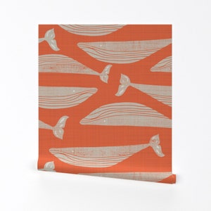 Papier peint baleines - baleines sur orange par Gemmacosgroveball - rouleau de papier peint auto adhésif amovible imprimé personnalisé beige orange par Spoonflower