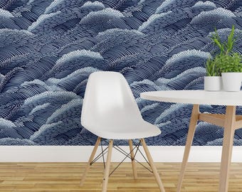 Indigo Waves Peel and Stick Wallpaper - Modern Japanese Abstract Art Deco Serene - Removable Wall Decor Art - Rolling Navy Wave by bicoinu