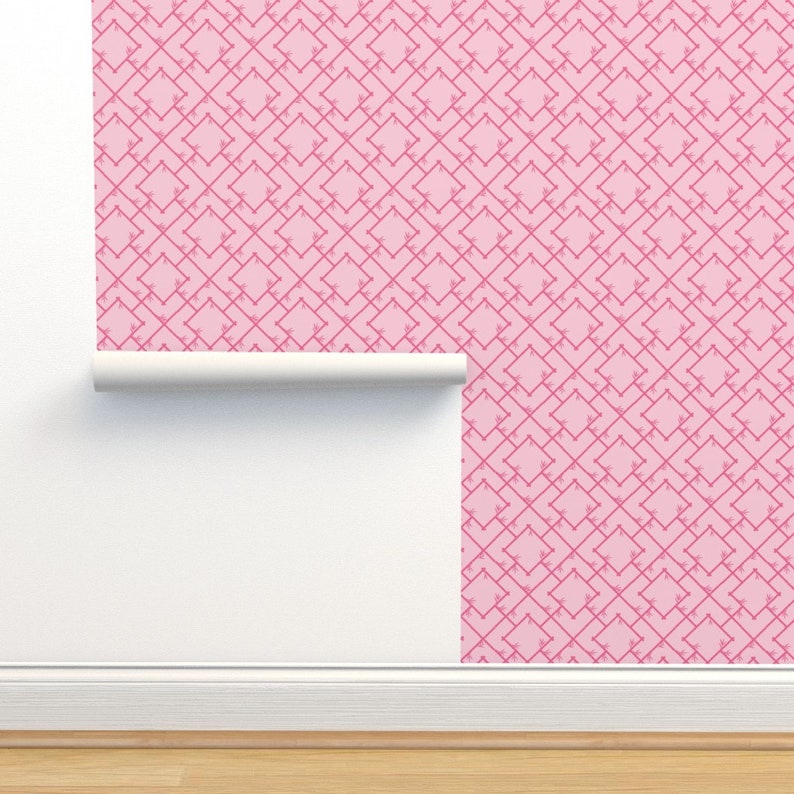 Chinoiserie Wallpaper - Bamboo Chinoiserie Lattice Pink By Yesterdaycollection - Custom Printed Self Adhesive Wallpaper Roll by Spoonflower 
