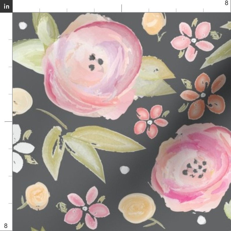 Pink and Gray Flowers Fabric Watercolor Floral in Gray by Etsy