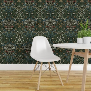 Papel pintado autoadhesivo William Morris - Hojas y enredaderas florales en verde oscuro y azul - Decoración de pared removible - Blackthorn de old_and_elegant