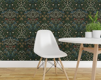 William Morris Peel and Stick Wallpaper - Dark Green Blue Leaves Vine Floral - Removable Wall Decor Art - Blackthorn by old_and_elegant