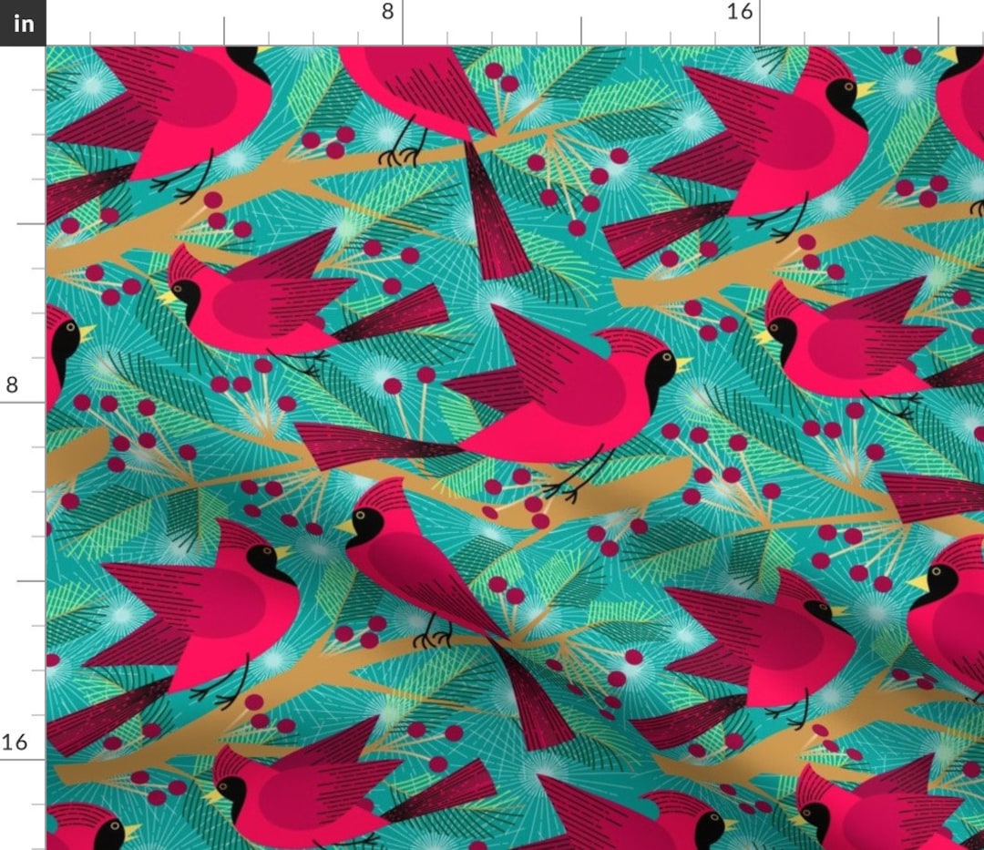 Cardinals Red Green Birds Fabric Winter Solstice Cardinals Etsy