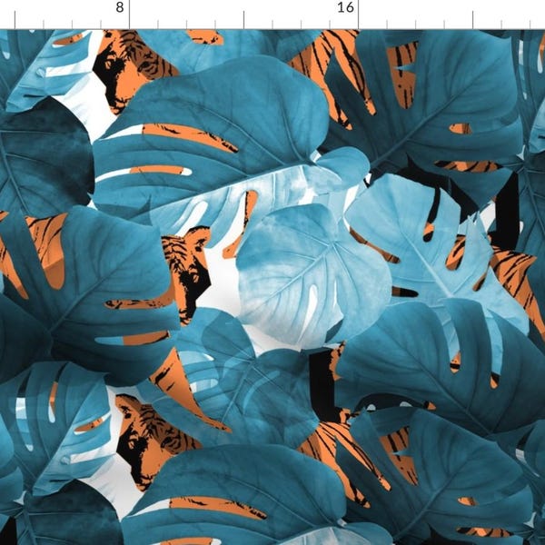 Hidden Tigers Fabric - Blue Monstera Leaves And Tigers In The Jungle By Minikuosi - Jungle Tigers Cotton Fabric By The Yard With Spoonflower