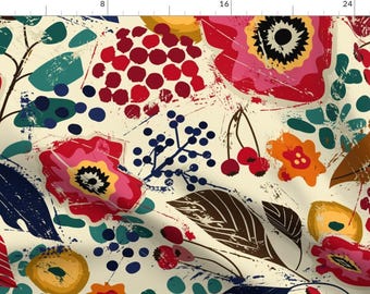 Folk Art Floral Fabric - Botanical Wood Cut by sarah_treu - Large Scale Botanical Block Print Bright Fabric by the Yard by Spoonflower