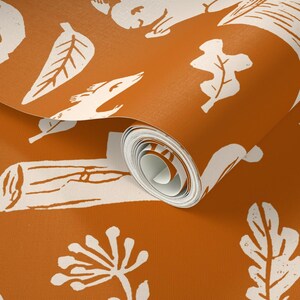 Fall Wallpaper - Squirrels Linocut Fall Autumn By Andrea Lauren - Custom Printed Removable Self Adhesive Wallpaper Roll by Spoonflower image 3