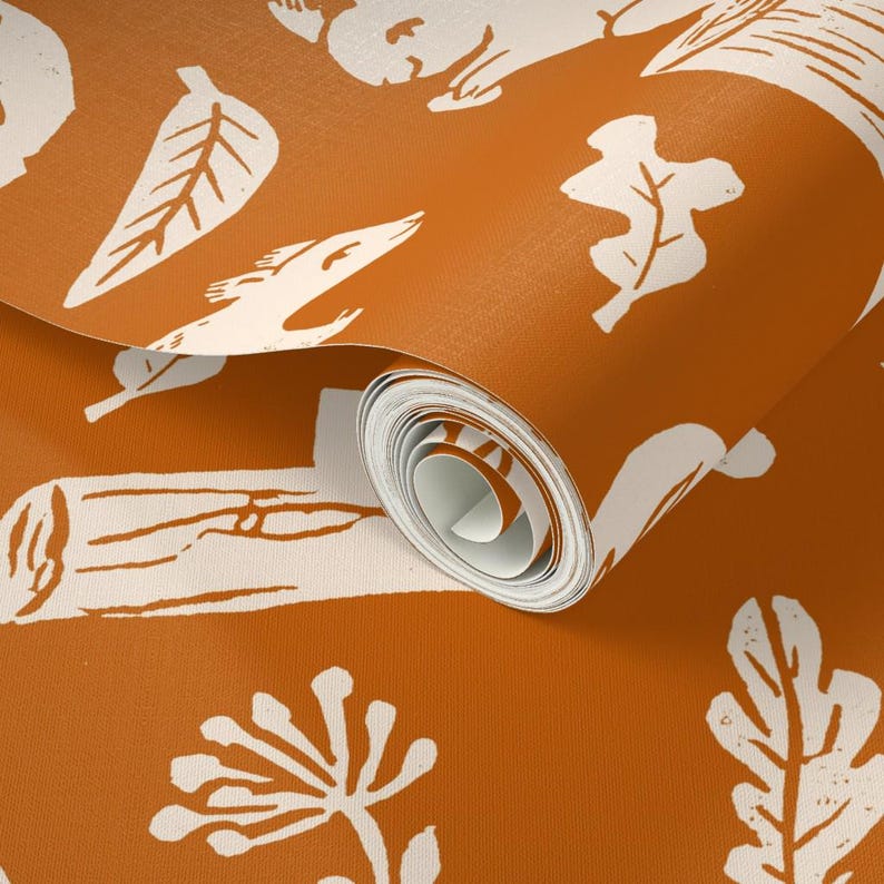 Fall Wallpaper - Squirrels Linocut Fall Autumn By Andrea Lauren - Custom Printed Removable Self Adhesive Wallpaper Roll by Spoonflower image 3