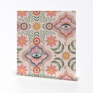 Boho Removable Peel and Stick Wallpaper - Floral Retro Teen Girly Tween Bohemian - Wall Art Wall Decor - Floral Eyes by misentangledvision