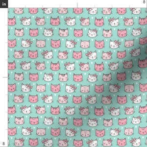 Pink Cats Fabric - Pink Cats Faces With Bows And Hearts On Mint Green Tiny Small By Caja Design - Cotton Fabric By The Yard With Spoonflower image 3