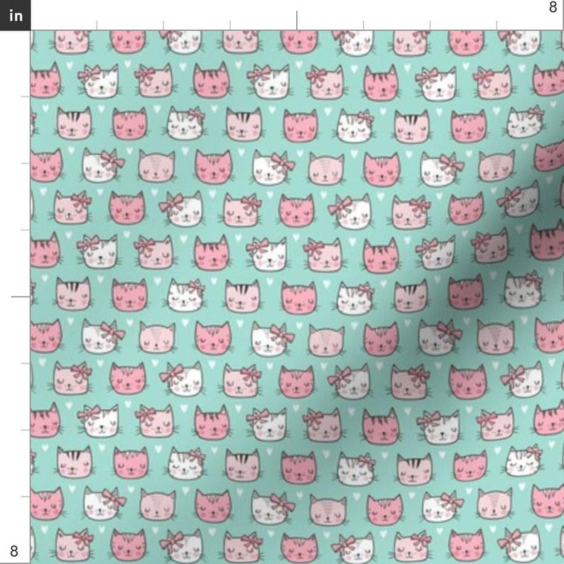 Pink Cats Fabric - Pink Cats Faces With Bows And Hearts On Mint Green Tiny Small By Caja Design - Cotton Fabric By The Yard With Spoonflower image 3