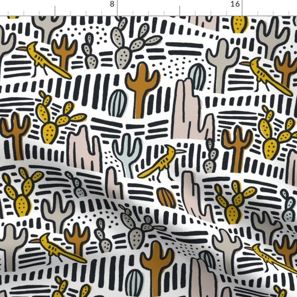 Roadrunner Fabric - Albuquerque (Light) By Amy Maccready - Black White Brown Cactus Nature Aztec Cotton Fabric By The Yard With Spoonflower