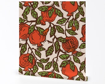 Retro Pomegranate Wallpaper - Pomegranate Branch by tulay_yilmaz_designs - Block Print Red Removable Peel and Stick Wallpaper by Spoonflower