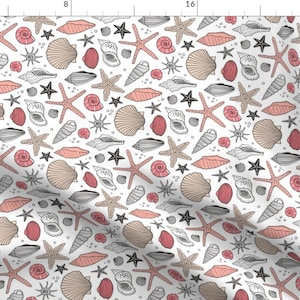 May include: A white background with a repeating pattern of seashells, starfish, and other ocean-themed elements in shades of pink, brown, and gray.