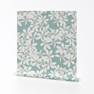 Hawaiian Blossoms Wallpaper -Plumerias Marsh Grass By Kadyson- Tropical Custom Printed Removable Self Adhesive Wallpaper Roll by Spoonflower