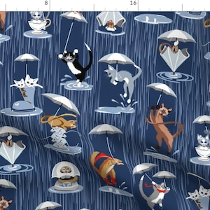 Cats Fabric - Braving The Storm By Southwind - Cats Kitties Blue Raining Weather Umbrellas Cute Cotton Fabric By The Yard With Spoonflower