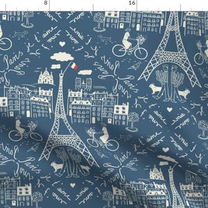 Damask Fabric - Paris Damask By Dasbrooklyn - Sky Blue White France Travel Europe Eiffel Tower Cotton Fabric By The Yard With Spoonflower