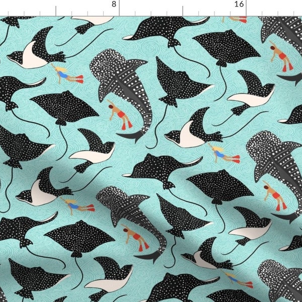 Sea Life Fabric - You And Me by shellypenko - Blue Ocean Stingray Whale Shark Snorkeling Marine Diver Fabric by the Yard by Spoonflower