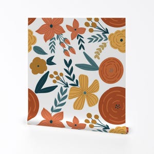 Floral Wallpaper - Terra Cotta Rust Florals Large By Smallhoursshop - Custom Printed Removable Self Adhesive Wallpaper Roll by Spoonflower