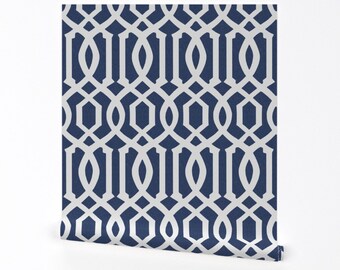Blue Wallpaper - Victoria Trellis in Navy Linen by Willow Lane Textiles - Custom Removable Self Adhesive Wallpaper Roll by Spoonflower
