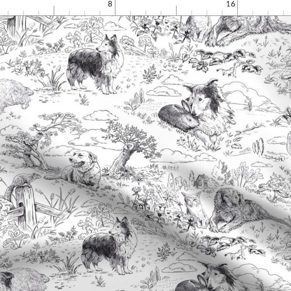 Farm Toile Fabric - Country Dog Toile by vinpauld - Toile De Jouy Sheep Dog Australian Shepherd Fabric by the Yard by Spoonflower