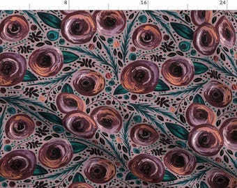 May include: A seamless pattern featuring a repeating design of stylised pink and purple roses with teal leaves and stems on a light purple background.
