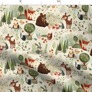 Sage Woodland Fabric - Ben&#39;s Forest by stephaniebeischer-studio8 - Owl Bear Deer Neutral Nursery Mushrooms Fabric by the Yard by Spoonflower