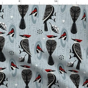 Woodpeckers Fabric - Pileated Woodpeckers by studioxtine - Birds Tree Bird Watching Gray Black Red White  Fabric by the Yard by Spoonflower
