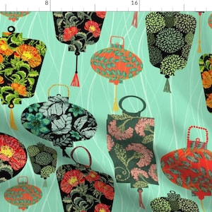 May include: A seamless pattern featuring colorful lanterns with floral designs on a turquoise background. The lanterns are decorated with flowers, leaves, and geometric patterns.