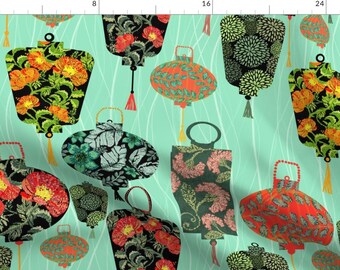Floral Lanterns Fabric -Lanterns On Point Light Green By Honoluludesign- Lanterns Japanese Floral Cotton Fabric By The Yard With Spoonflower