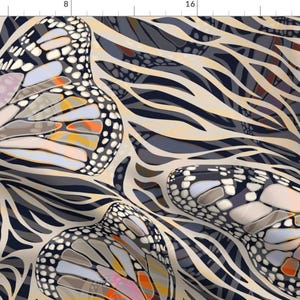 May include: A seamless pattern featuring abstract butterfly wings in shades of beige, orange, pink, and blue on a black and beige striped background.