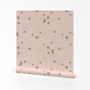 Blush Pink Sky Removable Peel and Stick Wallpaper - Stars Moons Pink Stars Nursery - Wall Art Wall Decor - Stars And Moons  by ivieclothco