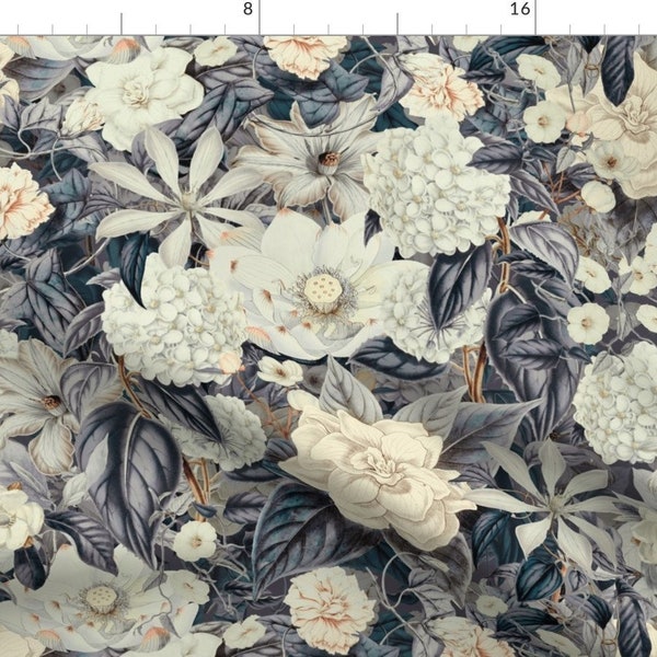 Blue Fabric - Shade Floral by andrea_haase_design -  Grey Flowers Floral Vintage Blue Nature Beige Garden Fabric by the Yard by Spoonflower