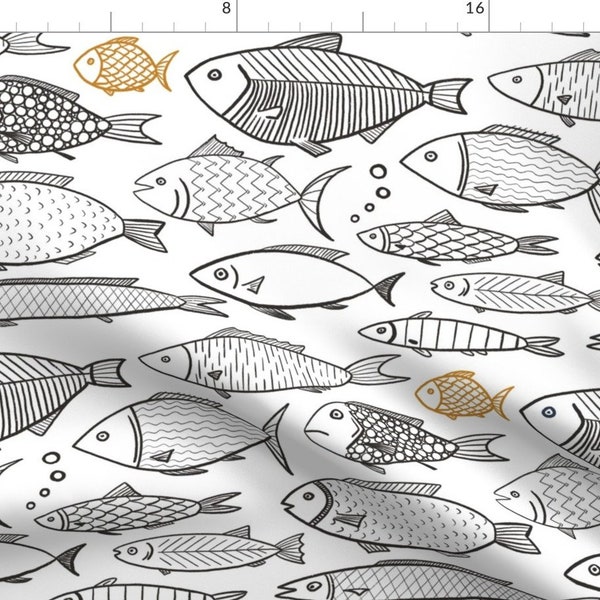 Sketchy Fish Fabric - Doodle Fish by dasbrooklyn - Charcoal Gray Mustard Brown Fishing Ocean Nautical Lake Fabric by the Yard by Spoonflower