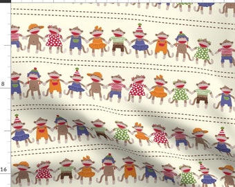 Sock Monkey Fabric - Sock Monkey Manners Stripe By Bzbdesigner - Kids Animal Nursery Cute Monkeys Cotton Fabric by the Yard with Spoonflower