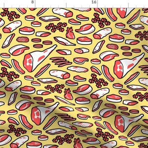 May include: A seamless pattern featuring various cuts of meat in red and white on a yellow background. The pattern includes steaks, roasts, chops, and ground meat.