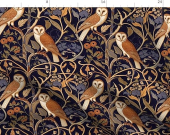 May include: Fabric with a repeating pattern of owls, foliage, and berries in shades of brown, tan, and blue on a dark navy background. The owls are perched on branches, and the design has a vintage, botanical feel.