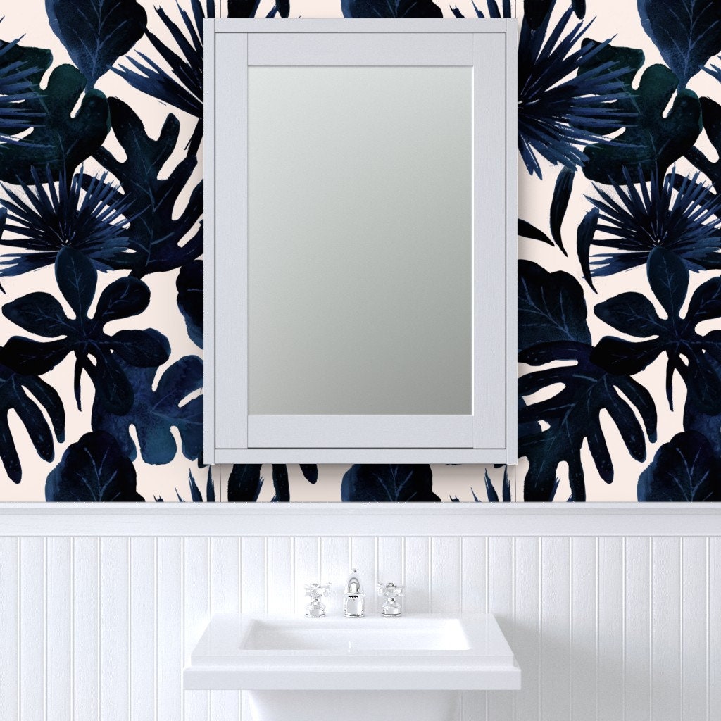 Navy Jungle Wallpaper Tropical Leaves Midnight by Crystal Etsy