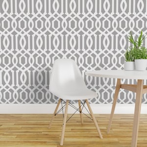 Grey Wallpaper - Victoria Trellis in Cashmere by Willow Lane Textiles - Custom Printed Removable Self Adhesive Wallpaper Roll by Spoonflower