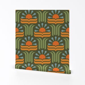 Geometrische Blumen Tapete zum Abziehen und Aufkleben - Retro Botanische Jugendstil 70er Jahre - Kunst Tapete - Retro Floral by khakifinch
