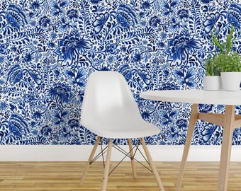 Watercolor Peel and Stick Wallpaper - Cottagecore Floral Traditional - Removable Wall Decor Art - Jumbo Chinoiserie Blue by sabina_bala