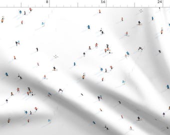 May include: A white background with a repeating pattern of skiers and snowboarders in various colors and poses. The skiers and snowboarders are all small and appear to be in the distance.