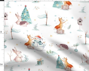 Watercolor Woodland Animals Holidays Fabric - Watercolor Winter Holiday Forest Animals Baby Hedgehog, Fox, Bunny And Snowman By Peace Shop