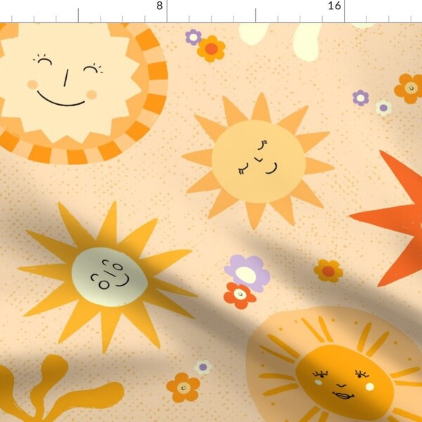 Sun Face Fabric - Retro Sunny Faces by jocavecreative - Groovy Sky Whimsical Jumbo Scale Retro Sky Sun Fabric by the Yard by Spoonflower