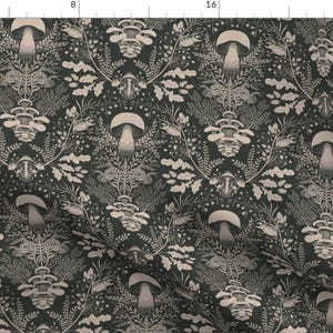 May include: A seamless pattern featuring a repeating design of mushrooms, pine cones, and foliage in a beige color on a dark green background.