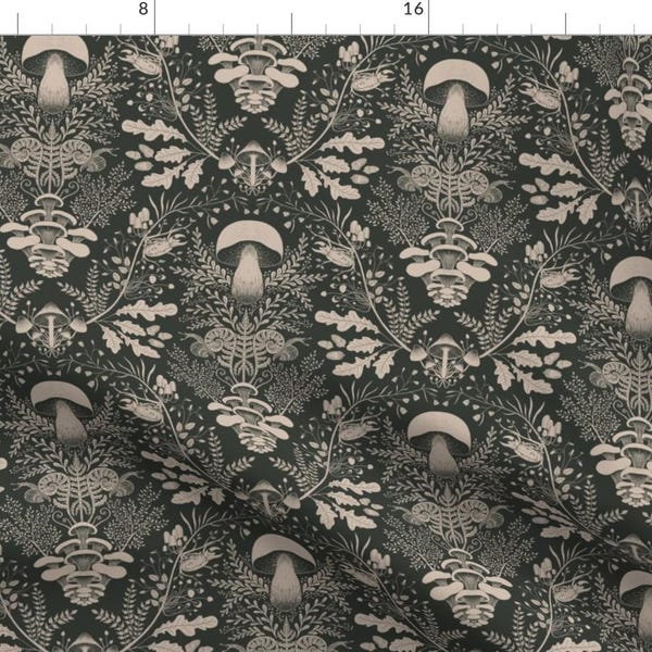 Neutral Dark Mushroom Damask Fabric - Mushroom Forest Damask Pattern Dark Green By Denesannadesign - Gothic Witch Fabric With Spoonflower