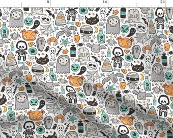 Halloween Fabric - Doodle Skull Spiders Skeleton Bat Ghost Web Zombies By Caja Design - Halloween Cotton Fabric by the Yard with Spoonflower