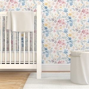 Whimsical Floral Wallpaper - Ditsy Floral by sara_swanson_design -  Watercolor Flowers Removable Peel and Stick Wallpaper by Spoonflower